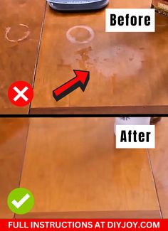 the before and after pictures show how to clean an old wooden table with vinegar on it