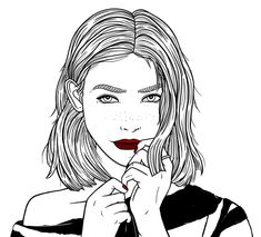 a woman with long hair and red lipstick is shown in this black and white drawing