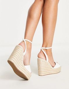 Wedges.by.ASOS DESIGN.Level up.Pin-buckle ankle strap.Peep toe.Rope midsole.Platform sole.High wedge heel.Wide fit.Product Code: 109693804 Tie Up Espadrilles, Black Espadrilles Wedges, Heeled Espadrilles, White Wedges, High Wedges, Black Espadrilles, White Shoes Women, Pink Suede, Leather Wedges