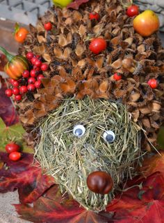 a hedgehog made out of pine cones and straw with apples on the ground next to it