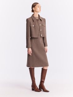 Crop Jacket And Skirt, Wool Skirt Outfit, Tweed Jacket And Skirt, Skirt And Sweater, Elegant Feminine, Three Piece Suit, Long Sleeve Short Dress, Women Long Sleeve Tops, The Outfit