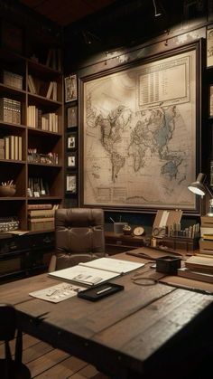 an old world map hangs in the corner of a room with leather chairs and desks