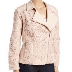 Blush Floral Lace Faux Leather Moto Jacket An intricate floral lace overlay gives a soft feminine touch to this asymmetrical zip-up jacket.  27'' long from high point of shoulder to hem Self: 100% polyurethane Lining: 100% polyester Lace: 100% cotton Wipe clean Imported Live a little  Jackets & Coats Beige Biker Jacket With Zipper For Spring, Spring Beige Biker Jacket With Zipper Closure, Chic Beige Biker Jacket For Spring, Chic Fitted Biker Jacket For Spring, Chic Fitted Spring Biker Jacket, Spring Chic Fitted Biker Jacket, Fitted Beige Leather Jacket For Spring, Elegant Fitted Biker Jacket For Spring, Fitted Leather Jacket For Spring