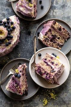 three plates with slices of cake on them