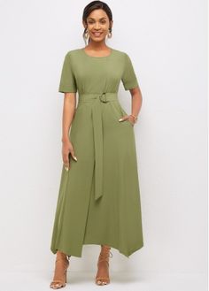 Color:Army Green;Size:S;Size:XXL;Neckline:Round neck;Decoration:Asymmetric Hem;Color Scheme:Green;Season:Summer;Occasion:Party;Silhouette:High waist;Sleeve&apos;s Length:Short Sleeve;Dress Length:Maxi;Pattern Type:Solid;Package Contents:1 X Dress , 1 X Belt;Washing Instructions:Hand Wash /Machine Washable;Composition:95% Polyester, 5% Spandex;Clothing Length:143.00;Style:Elegant; Maxi Design, Latest Dress For Women, Party Dress Sale, Elegant Dresses Classy, Club Party Dresses, Round Neck Dresses, Dresses Elegant, Solid Dress, Hem Dress