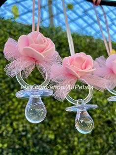 pink roses are hanging from glass chandelier