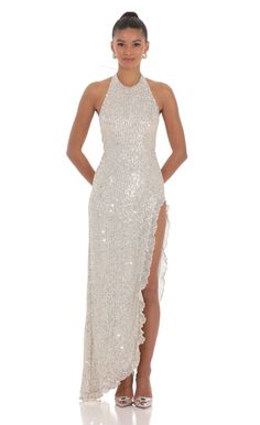 Sequin Halter Ruffle Maxi Dress in Champagne | LUCY IN THE SKY Great Gatsby Dresses, Gatsby Dress, Sequin Halter, Ruffle Maxi Dress, Winter Formal, Loungewear Jumpsuit, Rhinestone Dress, Open Back Dresses, Casual Wedding