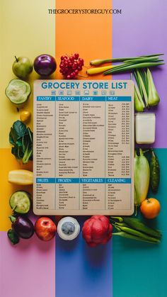 grocery store list surrounded by fruits and vegetables on multicolored background with text that reads grocery store list