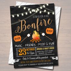 this is an image of a bonfire birthday party card with string lights and marshmallows