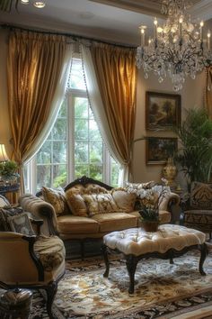 a living room filled with furniture and a chandelier