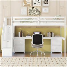 a white loft bed sitting under a desk next to a wall mounted art work space