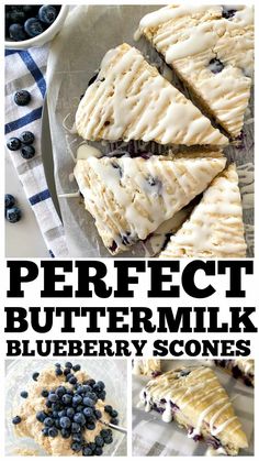 blueberry scones on a plate with the words perfect buttermilk written below