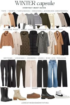 Outerwear Capsule Wardrobe, Winter Closet Staples, Winter Wear Ideas, Capsule Wardrobe Seasons, Staple Winter Wardrobe Pieces, Cost Winter Outfits, Clothes For Winter Womens, Danish Capsule Wardrobe, December Capsule Wardrobe