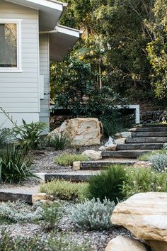 a house with steps leading up to the front door and trees in the back yard