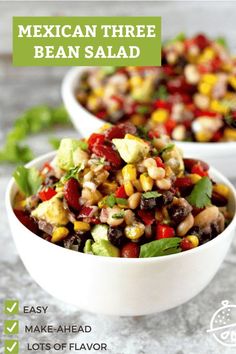 mexican three bean salad in two white bowls