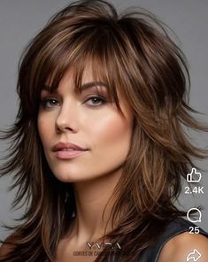 Womens Layered Haircut Medium With Bangs, Women’s Medium Haircut, Updos With Bangs, Women’s Shaggy Haircuts, Women’s Long Hair Shag, Shag With Piece-y Bangs, Long Hair Styles For 50+ Women With Bangs, Choppy Bob Hairstyles For Fine Hair