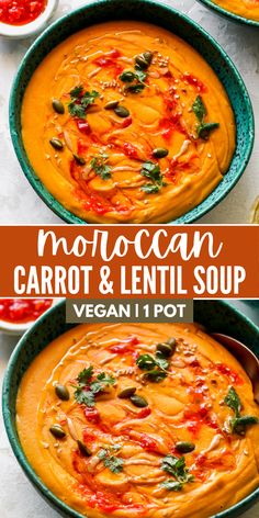 two bowls filled with carrot and lentil soup