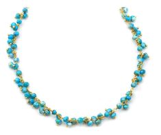 "Blue Turquoise Faceted Gemstone Cluster Necklace. Over 100 gemstones. A contemporary necklace for turquoise. The gems are 3 - 3.5mm in size. The necklace length is 18-19\". The chain is 14k gold plate and the clasp is 14k gold filled. Shipping is Free!" Blue Turquoise Necklace, Contemporary Necklace, Real Turquoise, Cluster Necklace, Bleu Turquoise, Fine Jewellery Necklace, Faceted Gemstones, Blue Turquoise, Turquoise Beads