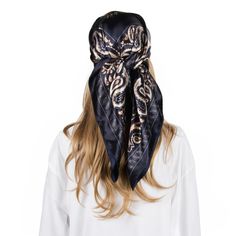 PRICES MAY VARY. 35 x 35 inches large head scarf for women, it can be widely used as a hair scarf, scarf top, hand band, wrist band, waist band, neckerchief, hijab,beach scarf and even a beautiful accessory tied onto your handbag. 100% polyester,the touch of the scarf is silky and soft just like silk scarf, and looks shiny like satin scarf. The scarves vibrant colors, soft and silky feeling, lightweight, smooth and comfortable. The silky scarf for women can be easily matched with all seasons clo Elegant One Size Bandana Headband, Elegant Headband Style Bandana, Elegant One Size Headband Bandana, Black Bandana Print Headscarf, Hijab Beach, Hair Wrapping, Sleep Hairstyles, Hand Band, Beach Scarf