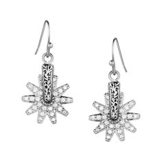 Carry your spontaneous spirit along with you when you wear Montana Silversmiths� Spur of the Moment Earrings. Each earring features the end of a spur in a bright silver tone with stunning etched details. Sparkling clear cubic zirconia crystals complete the fun and fashionable design. Hypoallergenic French wires provide subtle movement. Rhodium over brass base. .7"H x .53"W. Manufacturer style #: ER5823.  End of a spur in bright silver tone;   Stunning etched details;   Sparkling clear cubic zirconia crystals;   Hypoallergenic French wires; Girls Belt Buckles, Montana Silversmith Jewelry, Western Earrings, Women's Spurs, Design Movements, French Wire, Best Memories, Montana, Cubic Zirconia