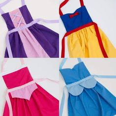 three different colored aprons with straps on them