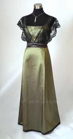 Edwardian Dress plus size handmade in England olive by MonaBocca Edwardian Formal Dress, Victorian Era Evening Gown, 1910s Dresses Formal, Historical Womens Fashion, Sage Green Vintage Dress, Titanic Era Fashion, 1912 Fashion Women, 1910 Dresses, 1910s Fashion Women