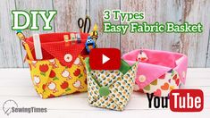 three different types of fabric baskets sitting on top of a white wooden table next to scissors