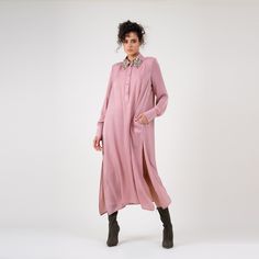 Maxi shirt dress with beading embellishment on the collar, slits on both sides and long sleeves. Dry clean only Pink Shirt Dress, Maxi Shirts, Maxi Shirt Dress, Pearl Jewellery Earrings, Mens Jewelry Bracelet, Pink Shirt, Independent Designers Fashion, Shirt Sale, Jacket Sale