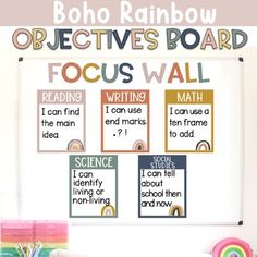 a bulletin board with writing and pictures on it that says, boho rainbow objective's board focus wall