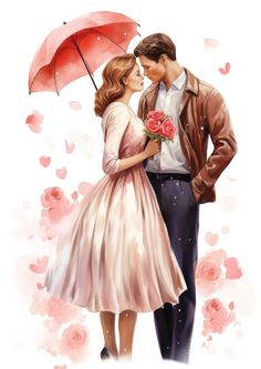 a painting of a man and woman kissing under an umbrella with roses on the ground