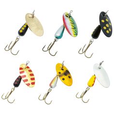 six different types of fishing lures on hooks