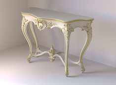 an ornate white and gold console table against a plain wall with no one around it