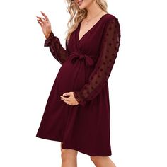 Elevate your maternity wardrobe with the WhizMax Women's Maternity Swiss Dot Long Sleeve Wrap Dress. This elegant midi dress is designed to accommodate your changing figure throughout all stages of pregnancy and beyond, making it perfect for nursing as well.

- **Material**: Soft, stretchy, and skin-friendly fabric for ultimate comfort.
- **Features**: Long sleeves with Swiss dot lantern design and elastic ruffle cuffs, V-neckline, wrap style for easy nursing, removable belt, and a flowy A-line Fall Maternity Dress, Short Maternity Dress, Baby Shower Photoshoot, Shower Photoshoot, Wrap Dress Casual, Boho Maternity Dress, Womens Velvet Dresses, Maternity Sweater Dress, Long Sleeve Maternity Dress