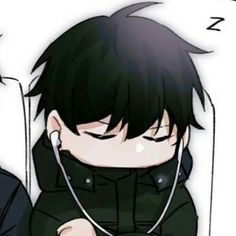 two anime characters with black hair and one is listening to headphones