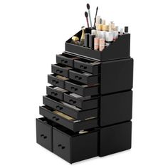 2 Oversized drawers, 2 large drawers, 8 small drawers and 16 top compartments hold at least 18 makeup brushes, 18 lipsticks, 15 nail polishes, 15 eyeliners, 6 large eye shadow palettes and other small everyday collection, well organize your make-up and dresser. Made of durable plastic, keep your cosmetics neat and tidy. It’s very smooth to operate the drawers.4-piece makeup organizer boxes interlock securely with anti-slip mats. You can also stack more drawers on top of the base or use them sepa Cosmetic Organiser, Make Up Storage, Acrylic Organizer Makeup, Jewelry Display Box, Beauty Organization, Cosmetic Display, Vanity Countertop, Plastic Organizer, Makeup Organizer