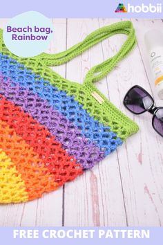 a crochet bag with sunglasses and sunscreen