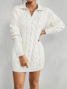 White V-neck Sweater Dress For Fall, White V-neck Sweater Dress For Winter, White V-neck Sweater Dress, Cozy V-neck Sweater Dress For Spring, Cable Knit Long Sleeve Dress, Cozy Knit V-neck Sweater Dress, Cozy Long Sleeve Cable Knit Dress, Cozy Cable Knit Long Sleeve Dresses, Fall Cable Knit Sweater Dress