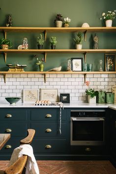 a kitchen with green walls and shelves filled with potted plants