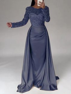 Mermaid Sequin Evening Gown Ruched Satin Dress Long Sleeves Floor Leng – Weitese Dress Long Sleeve Evening Dress With Sweep Train For Bridesmaid, Ruched Gown For Wedding Or Prom Season, Ruched Gown For Wedding And Prom Season, Ruched Gown For Prom Season, Fitted Ruched Gown For Wedding, Blue Ruched Gown For Wedding, Wedding Gown With Ruched Fitted Bodice, Full Length Wedding Dress With Ruched Bodice, Ruched Evening Dress For Wedding And Prom Season