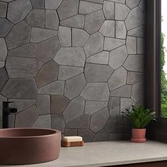 a bathroom with a stone wall next to a sink and potted plant on the counter