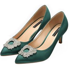 * Pretty Erijunor Satin Party Pumps * - Size: 8 - Heel Height: 2.5" - Upper Material: Satin - Color: Emerald Green - Rubber Sole - Point Toe - Cone Heels - Crystal Trapezoid Brooch At Toe - Comfortable Latex Padded Insole - Great For Wedding, Prom, Evening Party, Cocktails, Club, Homecoming, Graduations And Other Special Occasions Condition: New In Box; Never Used. Teal Dress Shoes, Green Dress Shoes, Dressing Shoes, Dark Teal Dress, Mens Casual Wedding Attire, Casual Christmas Party Outfit, Teal Green Dress, Silver Cocktail Dress, Silver Cocktail