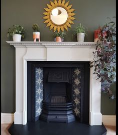 a fire place with potted plants on top