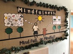 a bulletin board that says mindfulness on it with trees and people in the background