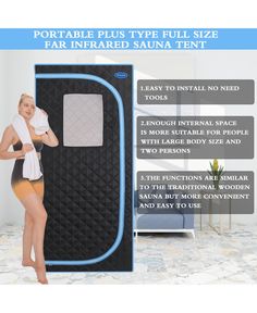 the portable plus type full size air inflatable sauna tent is shown with instructions