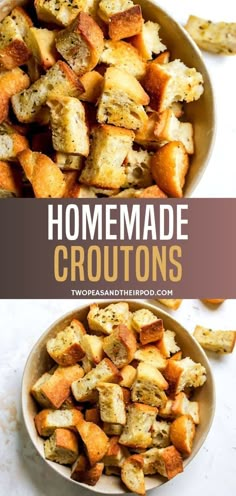 homemade croutons in a bowl with text overlay