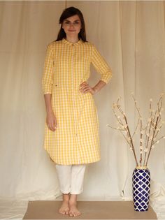 Yellow White Cotton Khadi Pleated Kurta Ladies Kurti Design