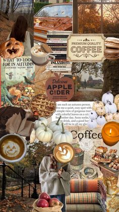 a collage with coffee, pumpkins, and other things in the background that are mixed together