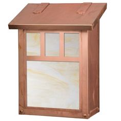 a copper colored metal post box with glass panels on the top and bottom panel, attached to a white background