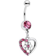 Pink Gem Floral Hollow Heart Valentines Day Dangle Belly Ring Keep your heart open and good things will bloom - like on this 14 gauge navel ring! It's made with a 3/8" durable 316L surgical grade stainless steel curved barbell with a 5mm top ball end. The bottom ball end is 8mm and set with a large pink gem. Dangling beneath it is a hollow heart charm, with one side of the heart set with matching pink gems. At the heart's center is a small openwork flower with a single pink gem at its center. Fo Keep Your Heart Open, Belly Piercing Jewelry, Belly Piercing Ring, Jewelry Promotion, Navel Jewelry, Dangle Belly Rings, Heart Valentines, Navel Ring, Pink Gem