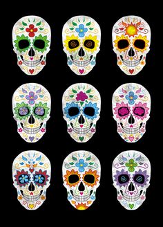 six sugar skulls with different colors and designs on their faces, each decorated with flowers